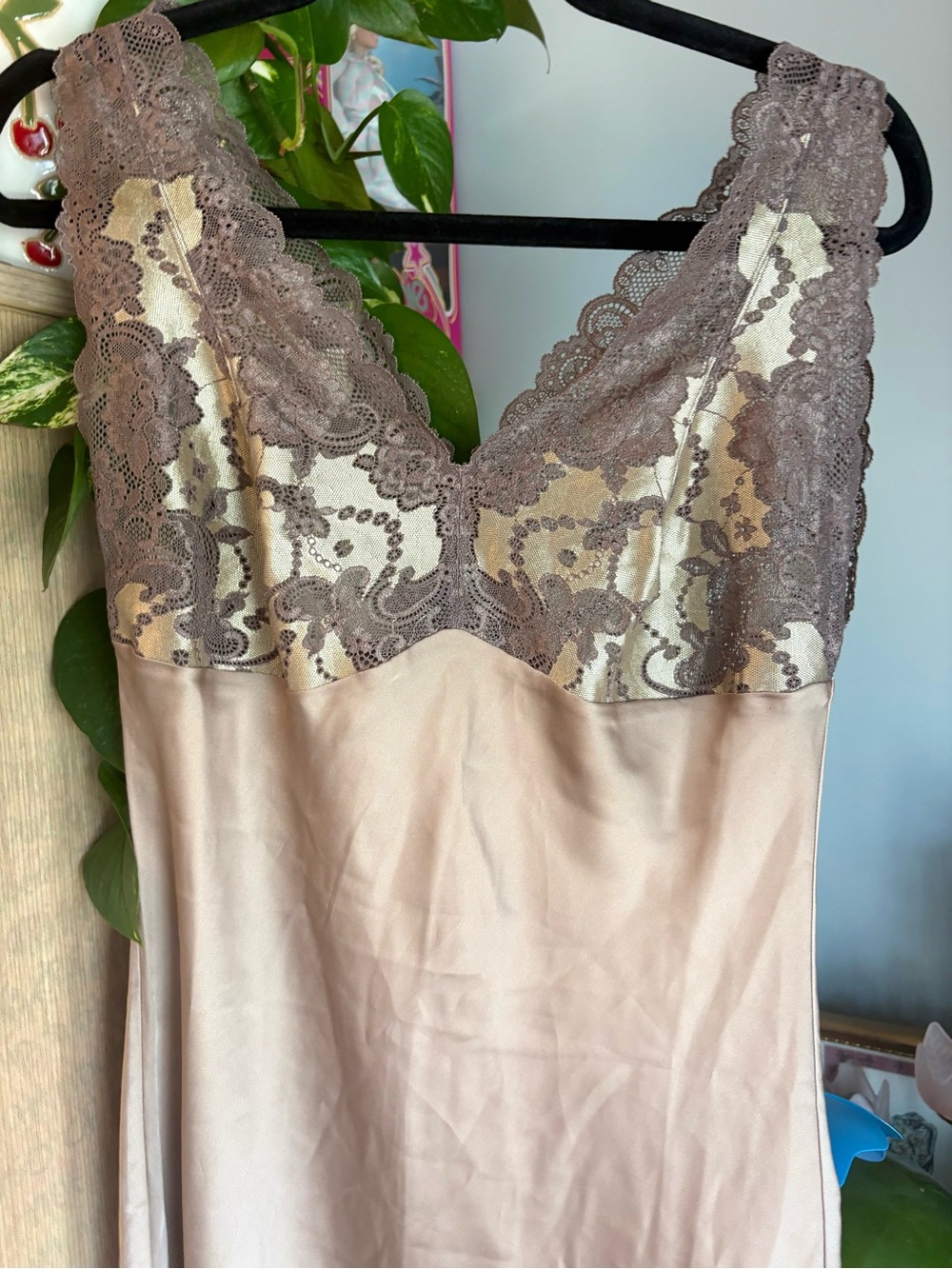 Gorgeous Vintage Lace Trim Satin Slip Midi Dress